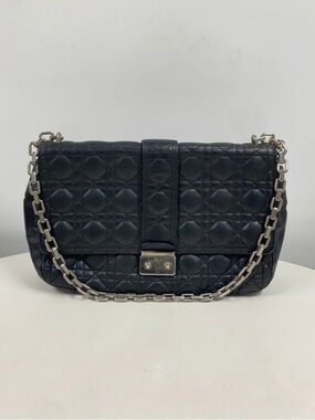 Authentic Christian Dior Large Cannage Black Quilted Leather Chain Shoulder Bag